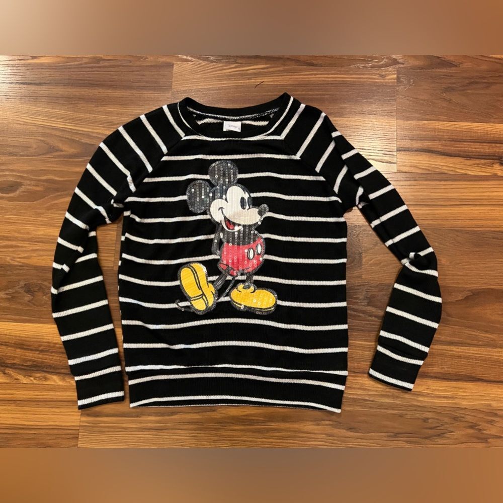 Disney Jerry Leigh black & white striped sequined Mickey Mouse sweater. Size S